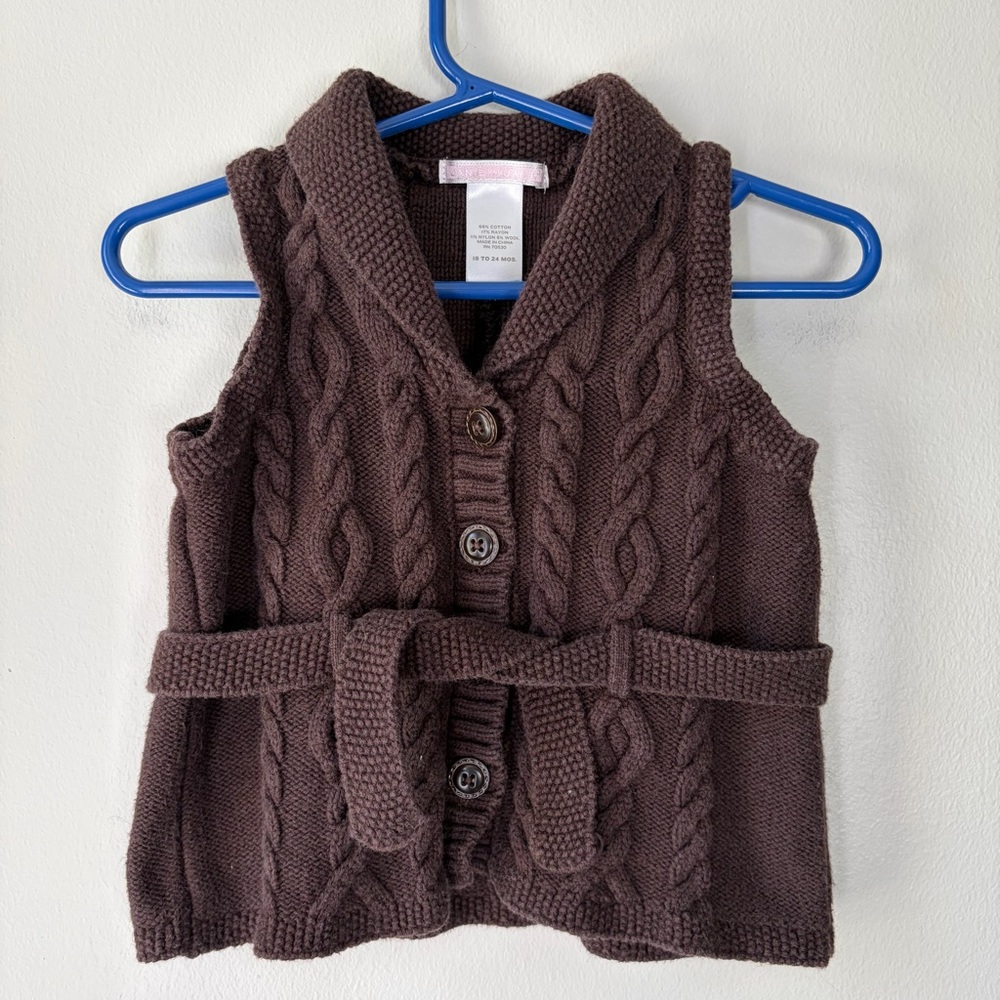 Janie & Jack Brown Belted Cable Knit Sweater Sleeveless Cardigan Vest
